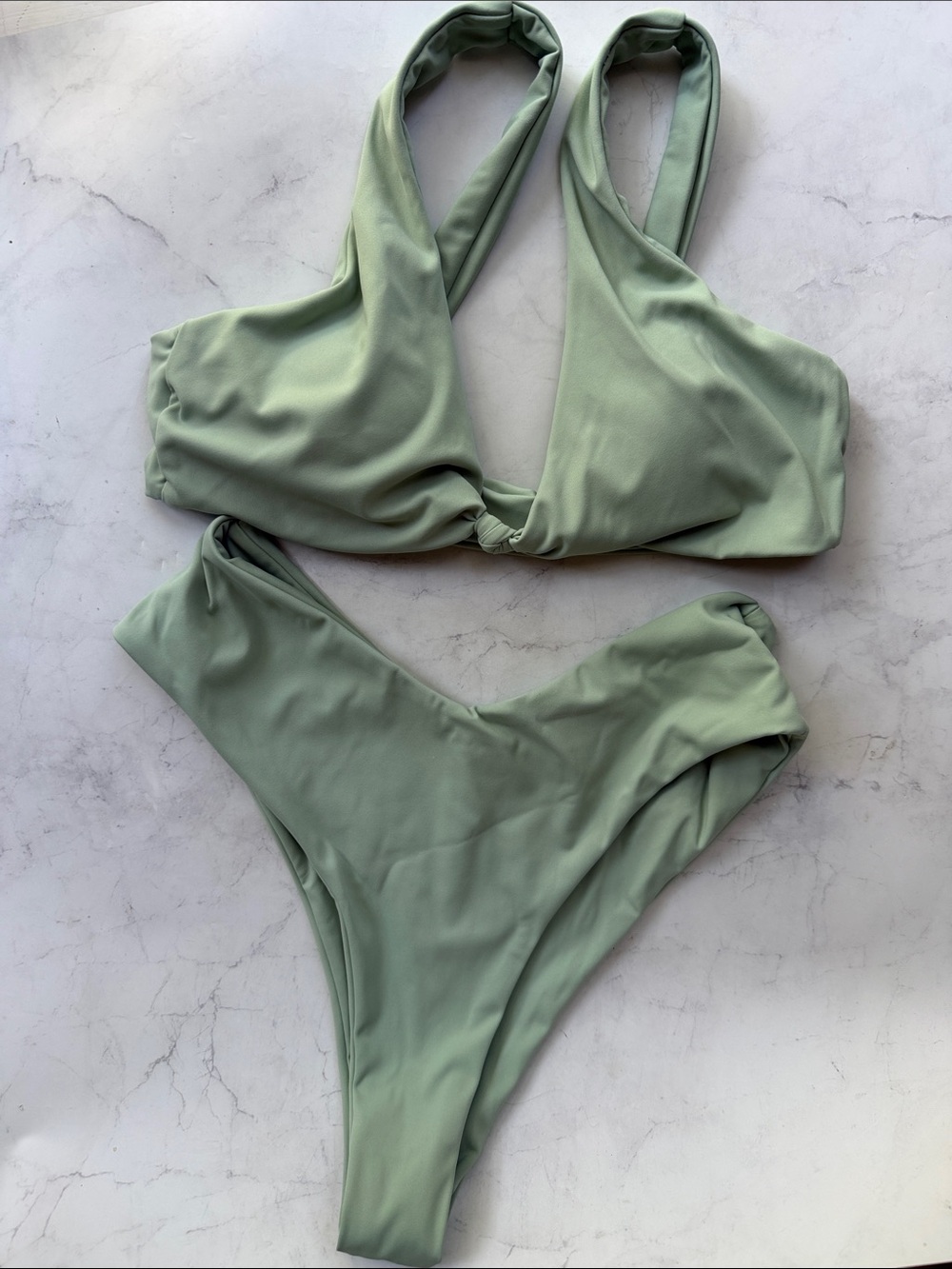 Sage Green Bikini Set Solid V Neck Knot Front High Leg - Picture 3 of 5